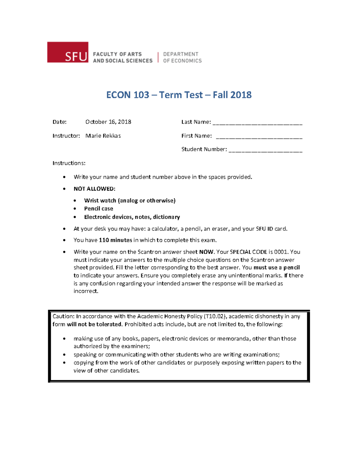 Test 1 October 2018, questions - ECON 103 – Term Test – Fall 2018 Date ...