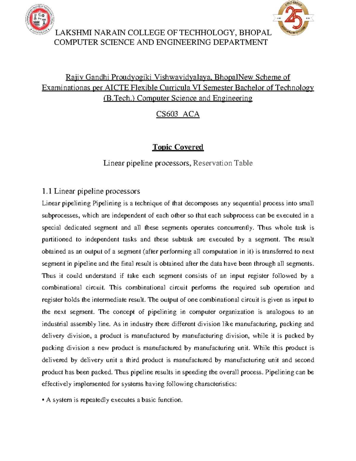 RGPV CS603 ACA Final Exam Notes on Linear Pipeline Processors - Studocu