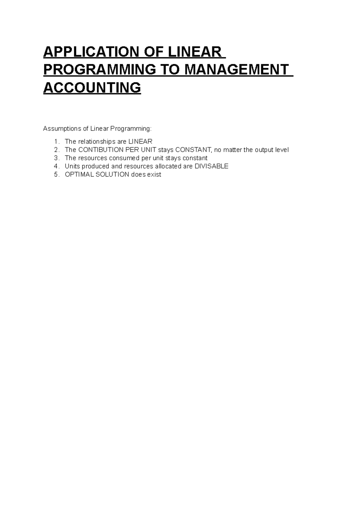 APPLICATION OF LINEAR PROGRAMMING IN MAFM: KEY ASSUMPTIONS & METHODS ...