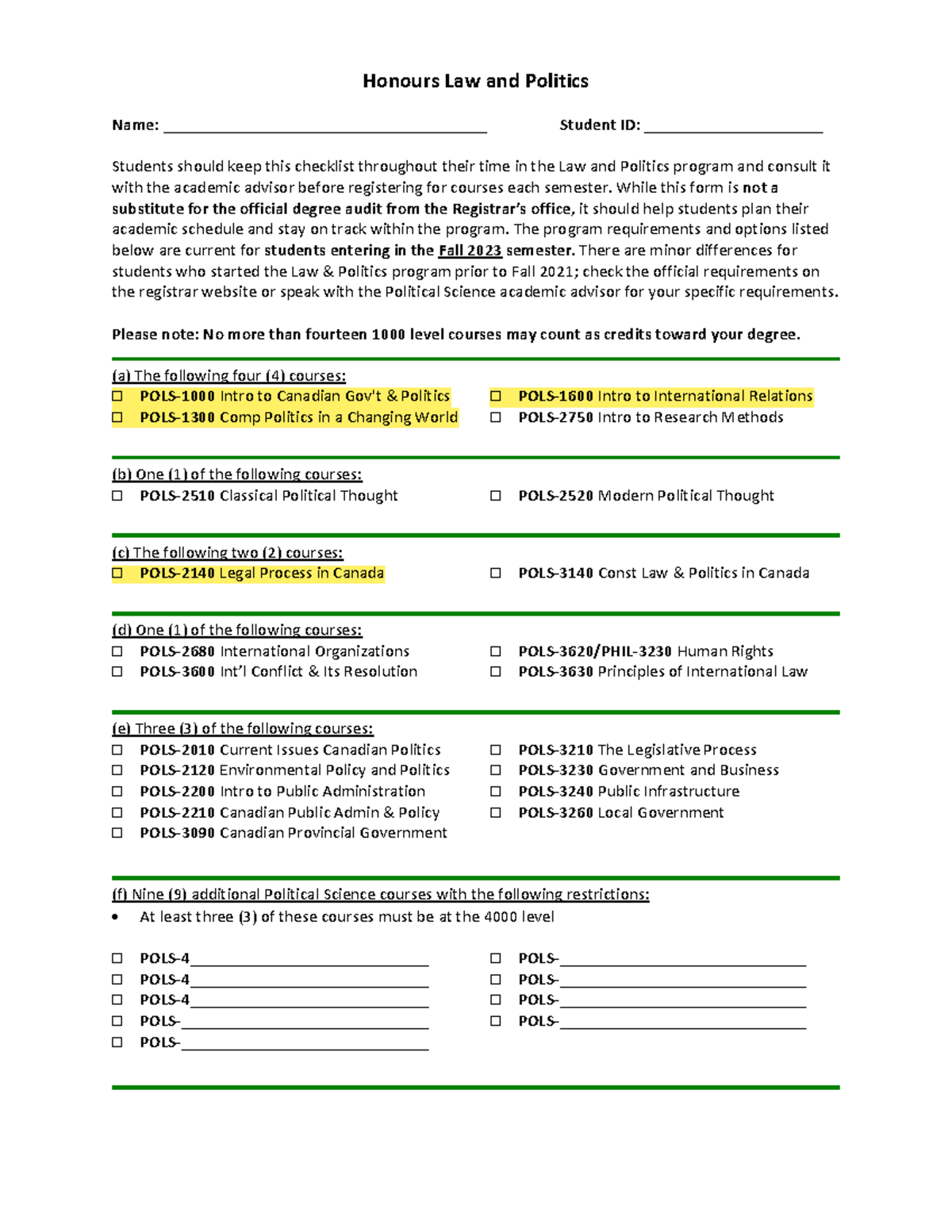 POLS Honours Law and Politics Program Checklist for 2023 Students - Studocu