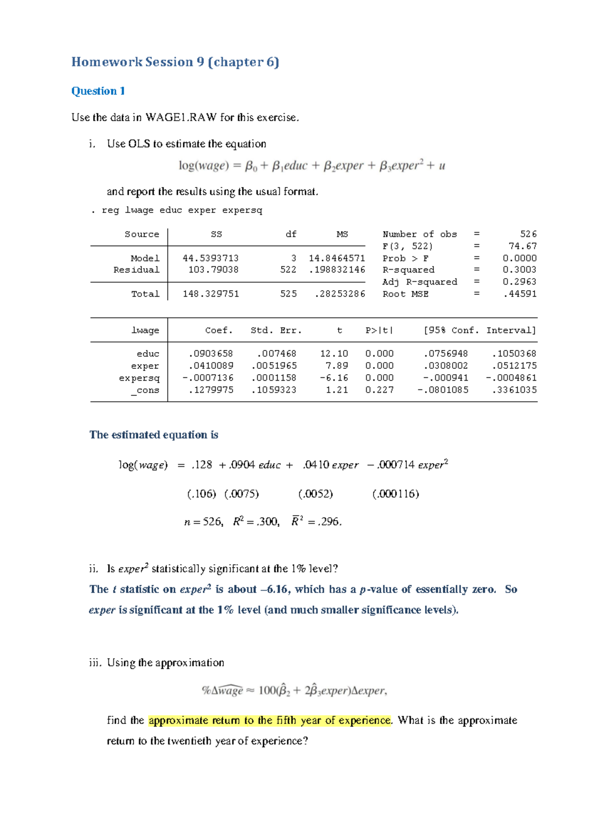 Applied Econometrics Homework - Session 9 Analysis and Findings - Studocu