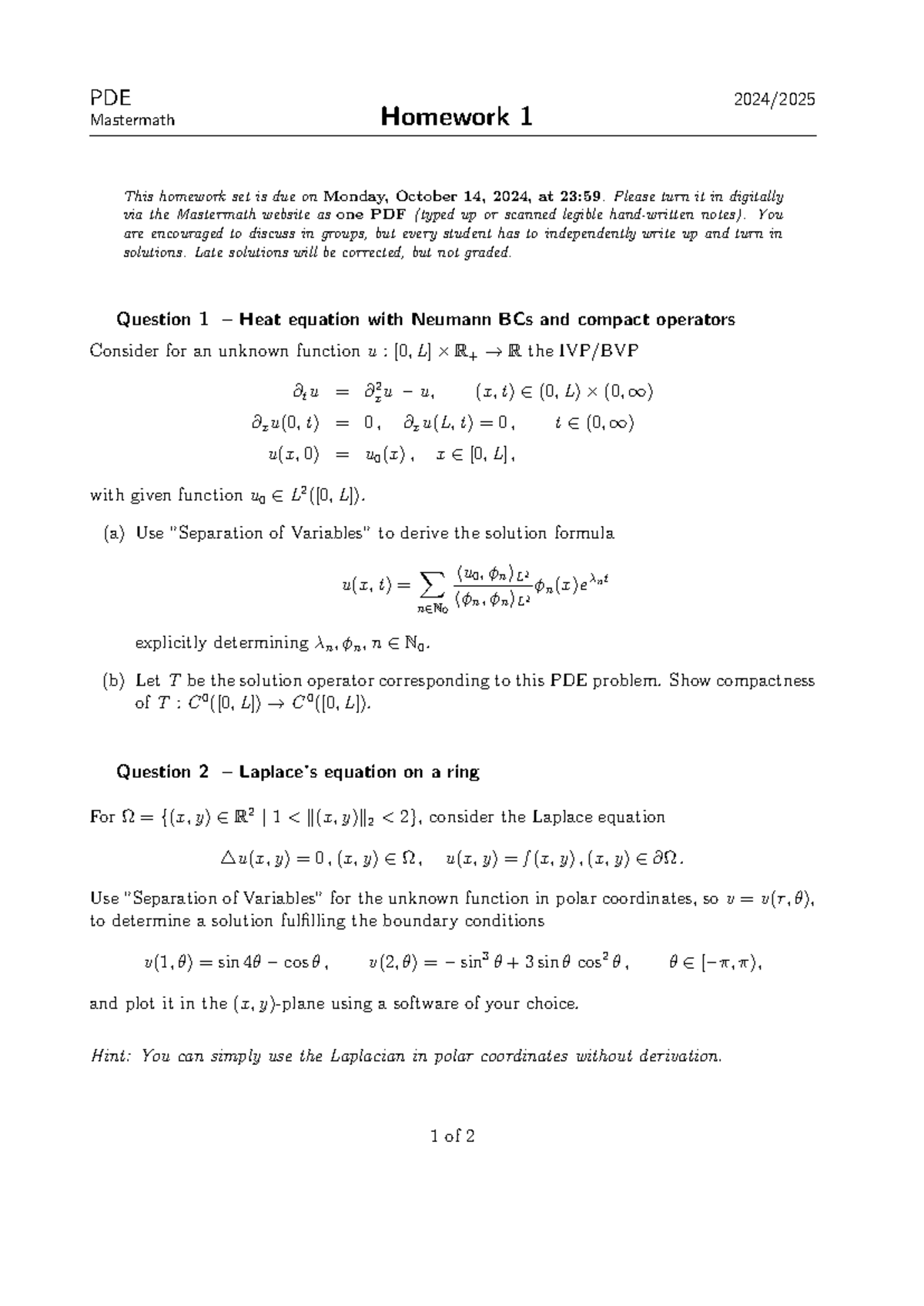 Homework 1: Mastermath PDE 2024 - Analysis & Solution Strategies ...