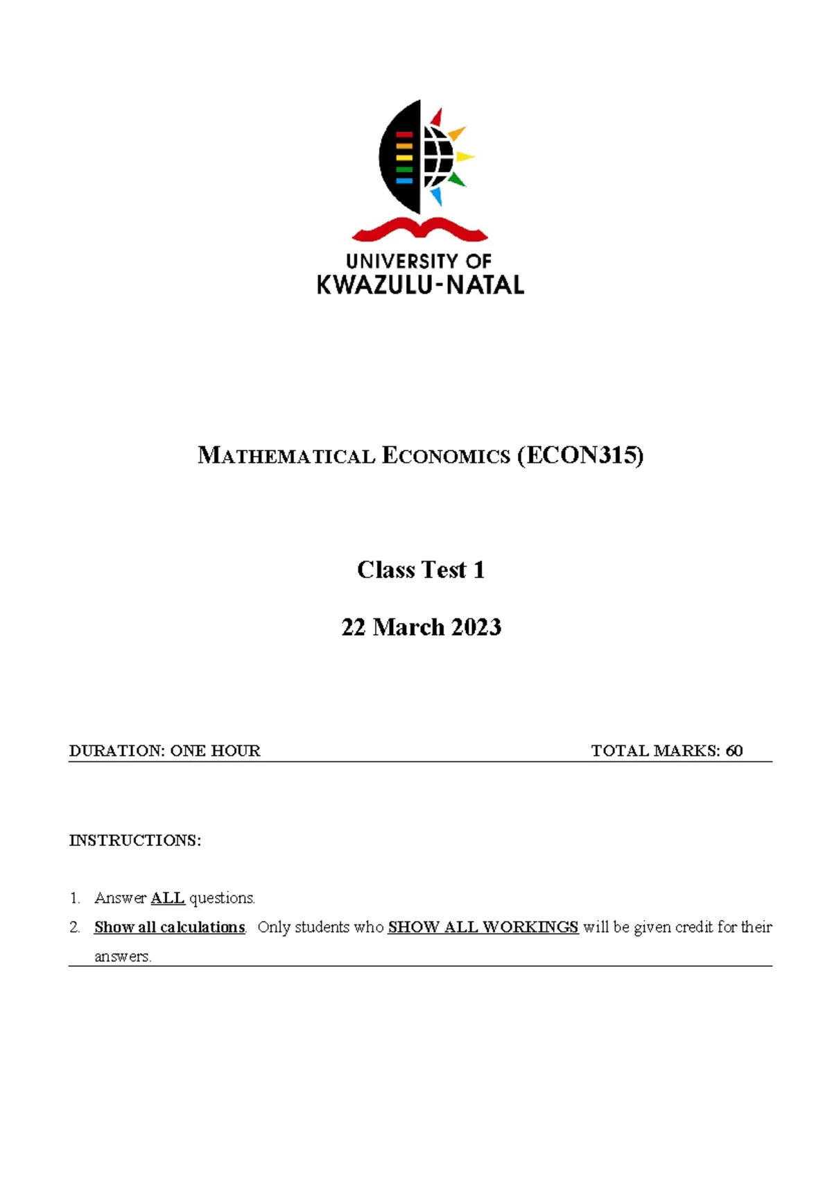 ECON315 Mathematical Economics Class Test 3 Questions & Solutions - Studocu