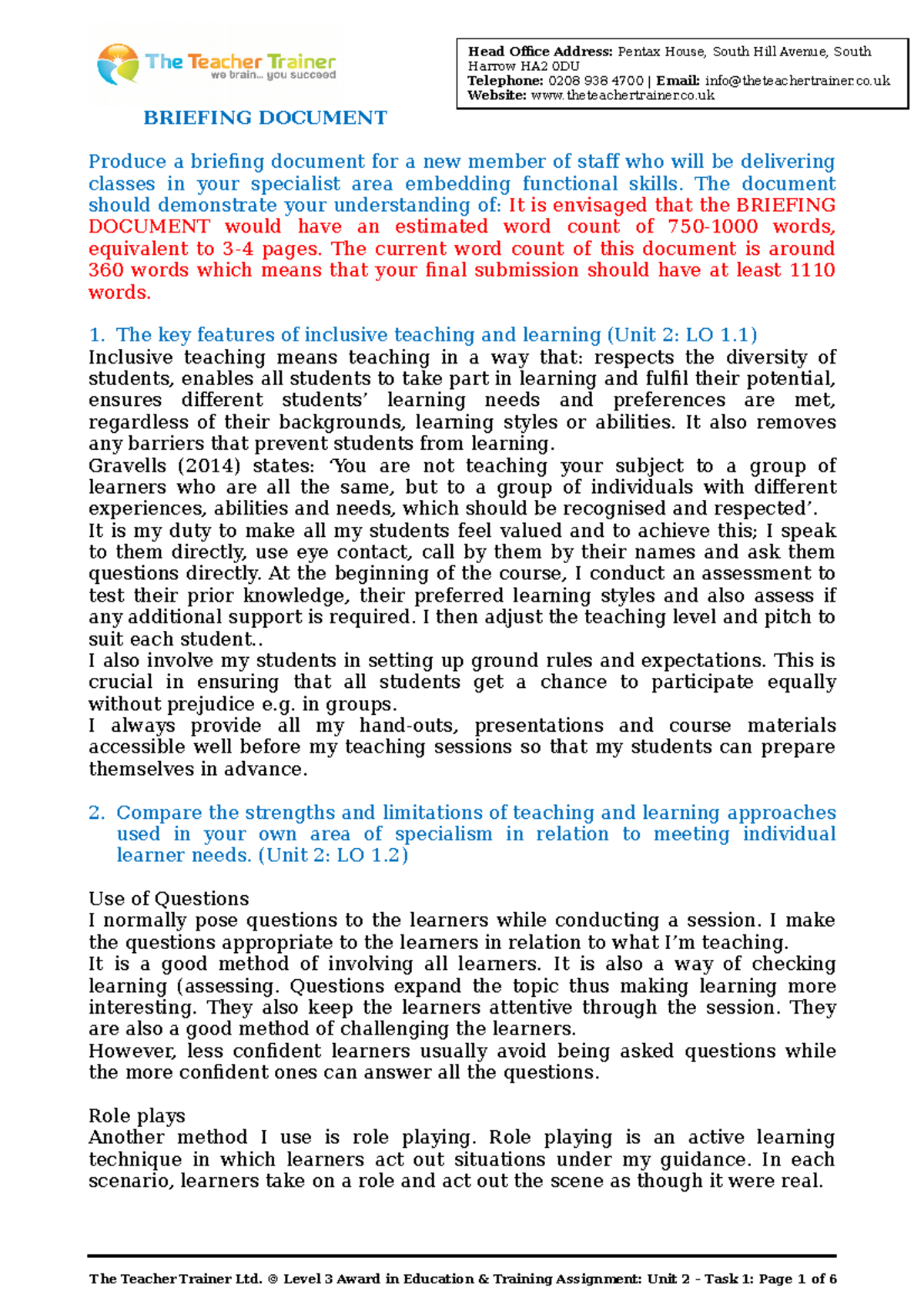 Unit 2 ATask 1 - Briefing on Inclusive Teaching & Learner Needs - Studocu