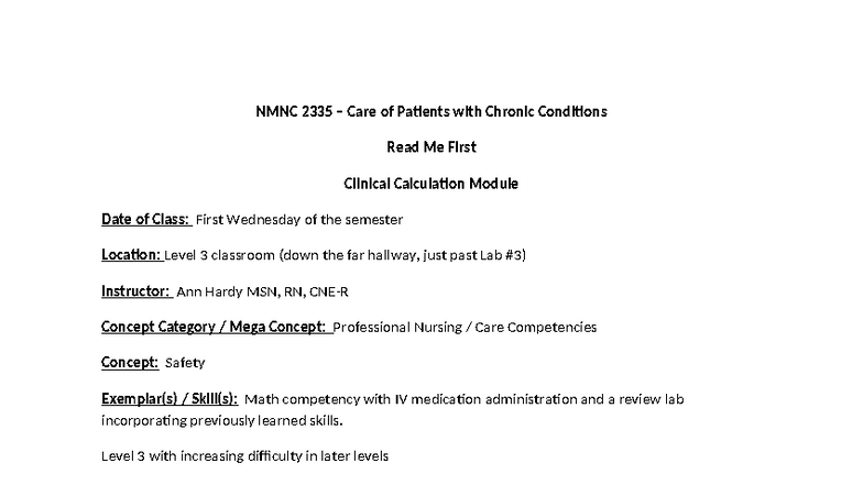 NMNC 2335 Clinical Calculations for Chronic Care Patients FA25 - Studocu