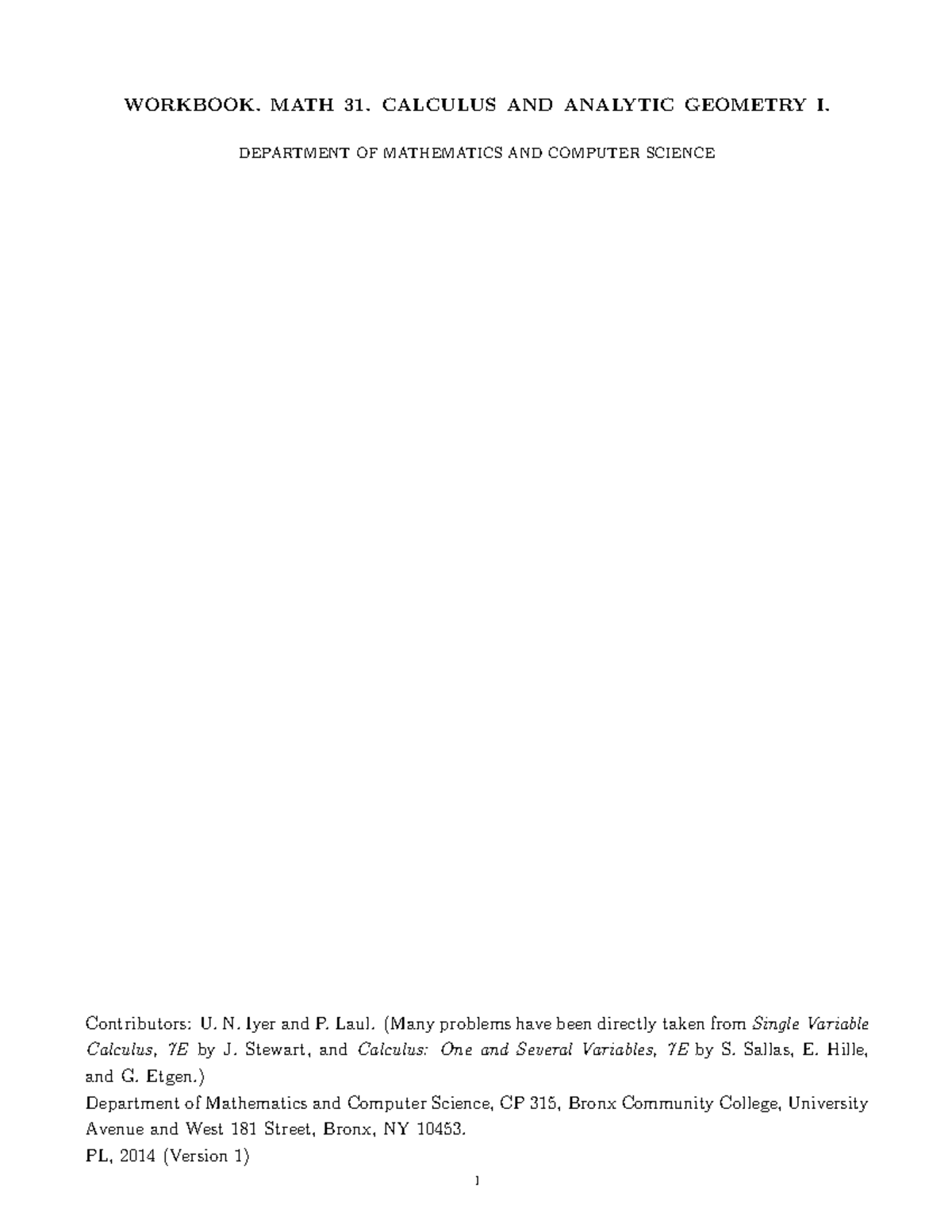MATH 31 - Iyer & Laul Calculus Workbook: Practice Problems Overview ...