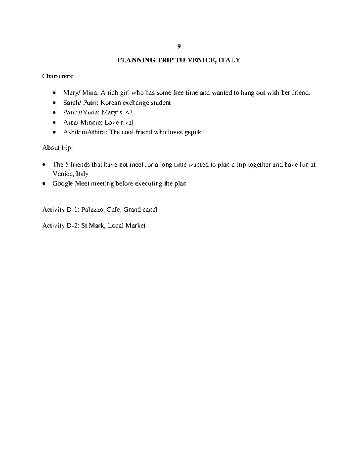 Roleplay Script Group 1 - 9 PLANNING TRIP TO VENICE, ITALY Characters ...