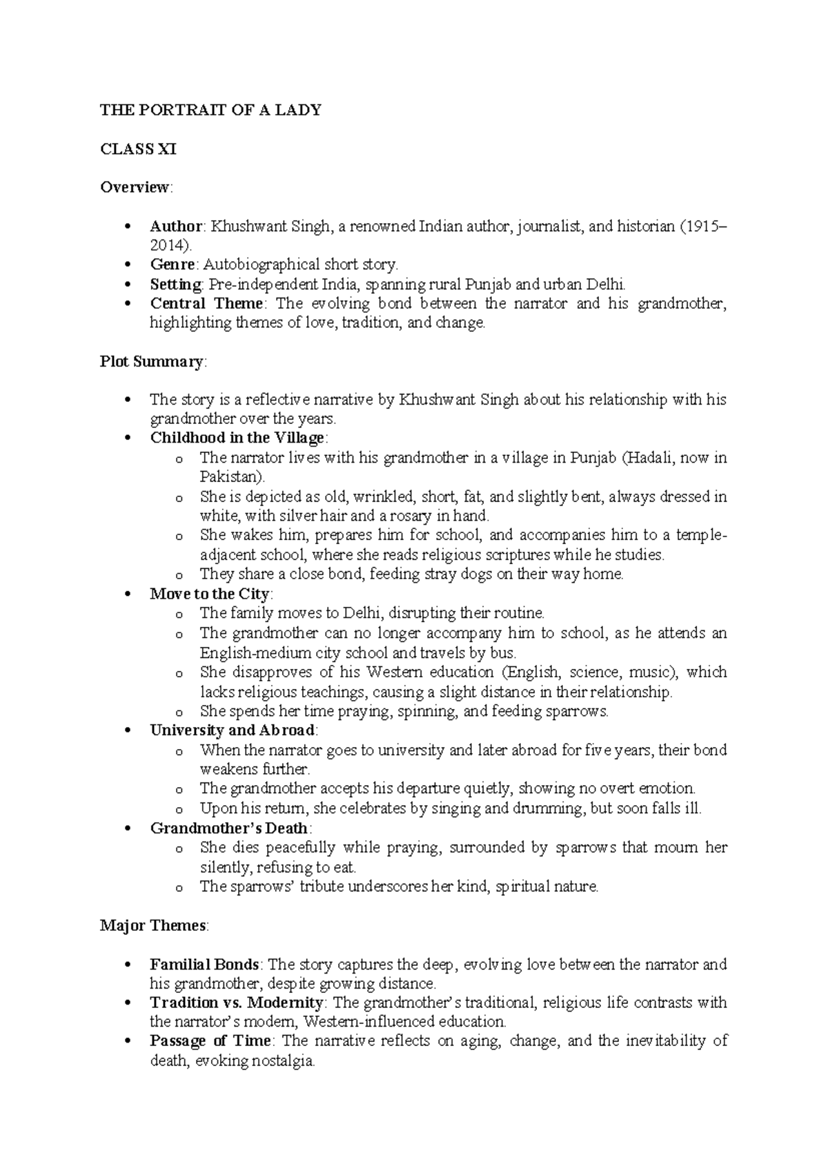 THE PORTRAIT OF A LADY - CLASS XI Study Notes and Questions - Studocu