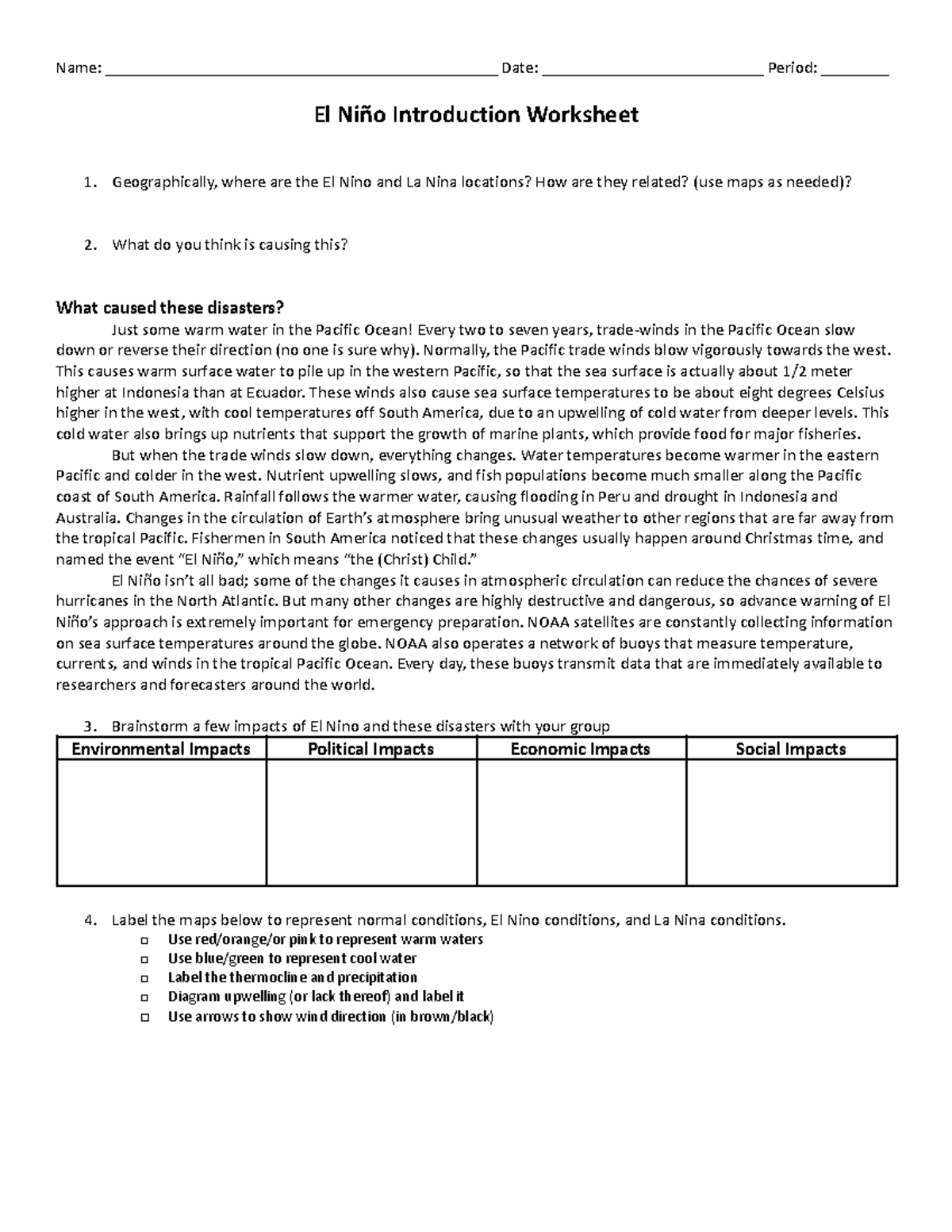 El Nino Introduction Worksheet: Understanding Its Impacts and Causes ...
