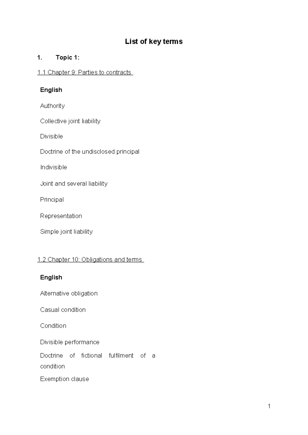 Key Terms - List of key terms Topic 1: 1 Chapter 9: Parties to ...