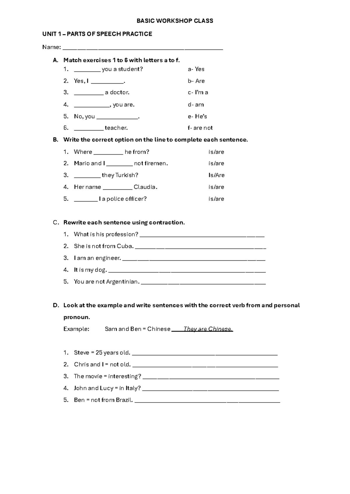 TLB-100 Basic Workshop Class Unit 1: Parts of Speech Practice - Studocu
