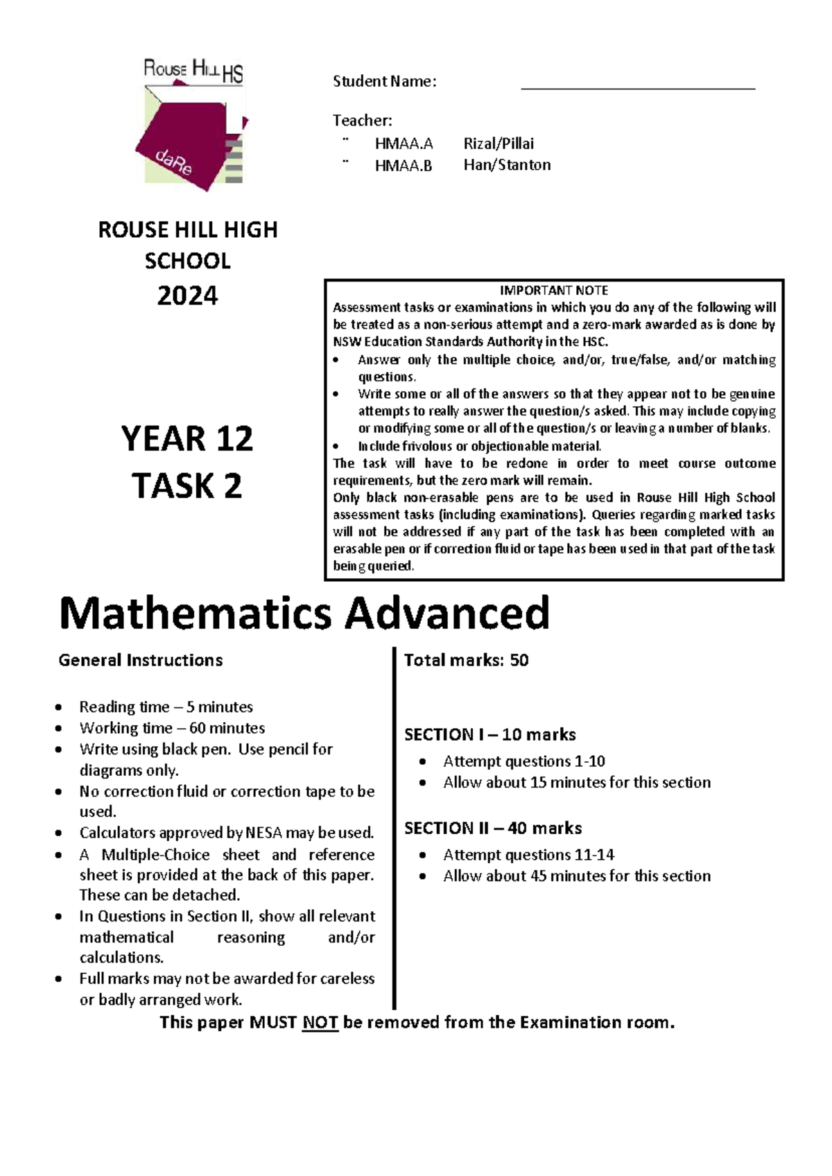 RHHS HMAA.A HMAA.B Year 12 AT2 2024 Past Exam Paper - Studocu