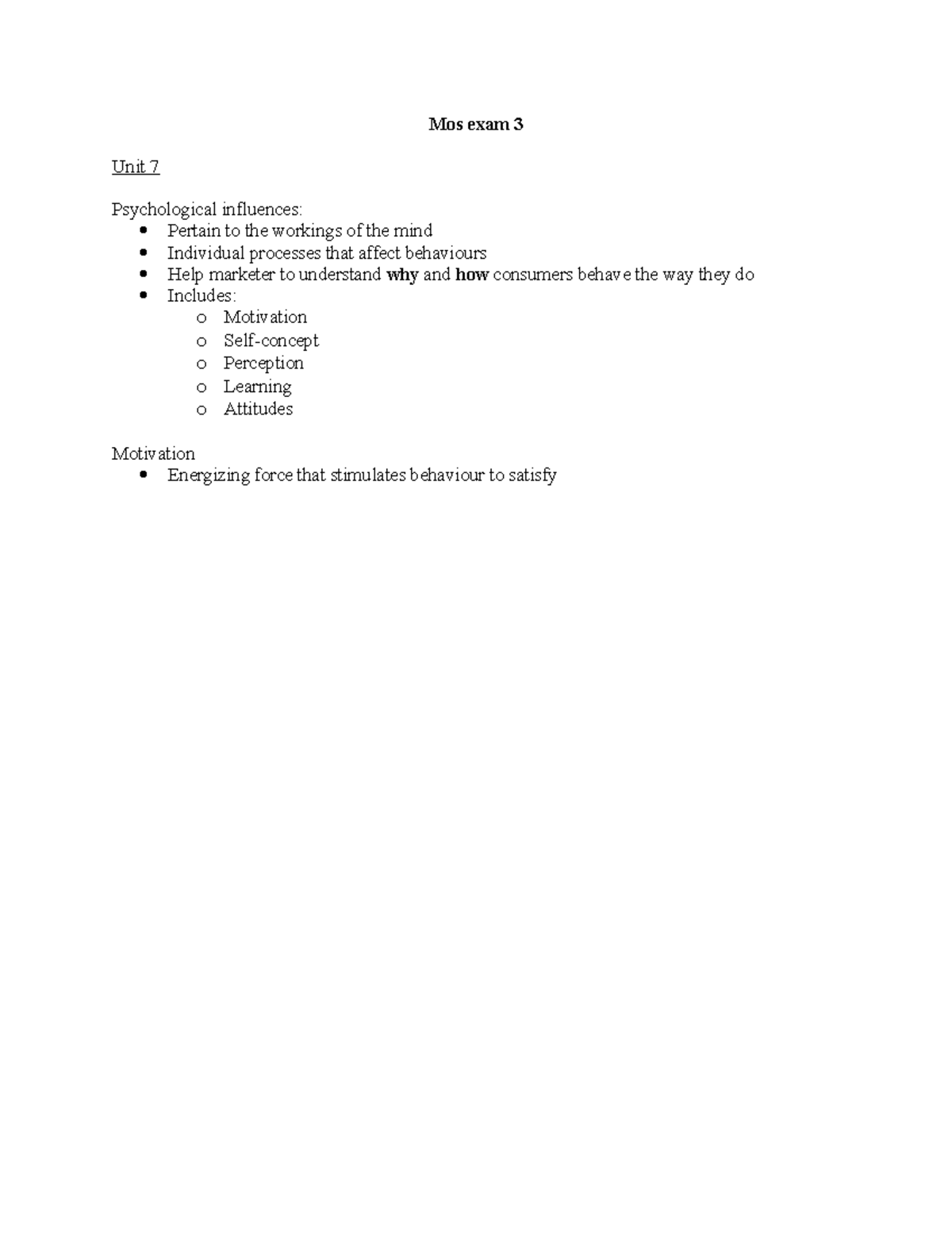 Mos 1021 Exam 3 Study Notes: Psychological Influences & Market Research ...