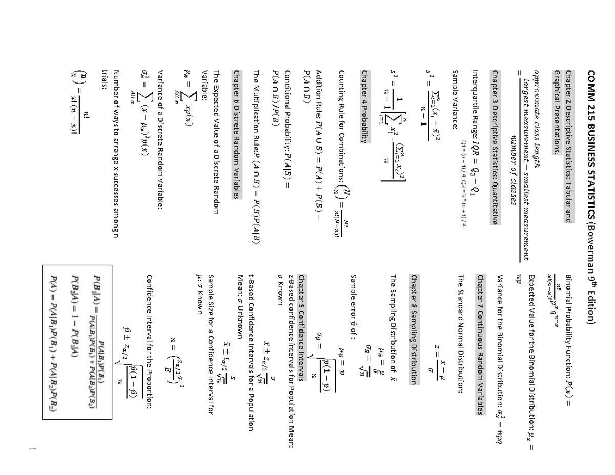 COMM 215 BUSINESS STATISTICS Final Exam Formula Sheet 2024 - Studocu