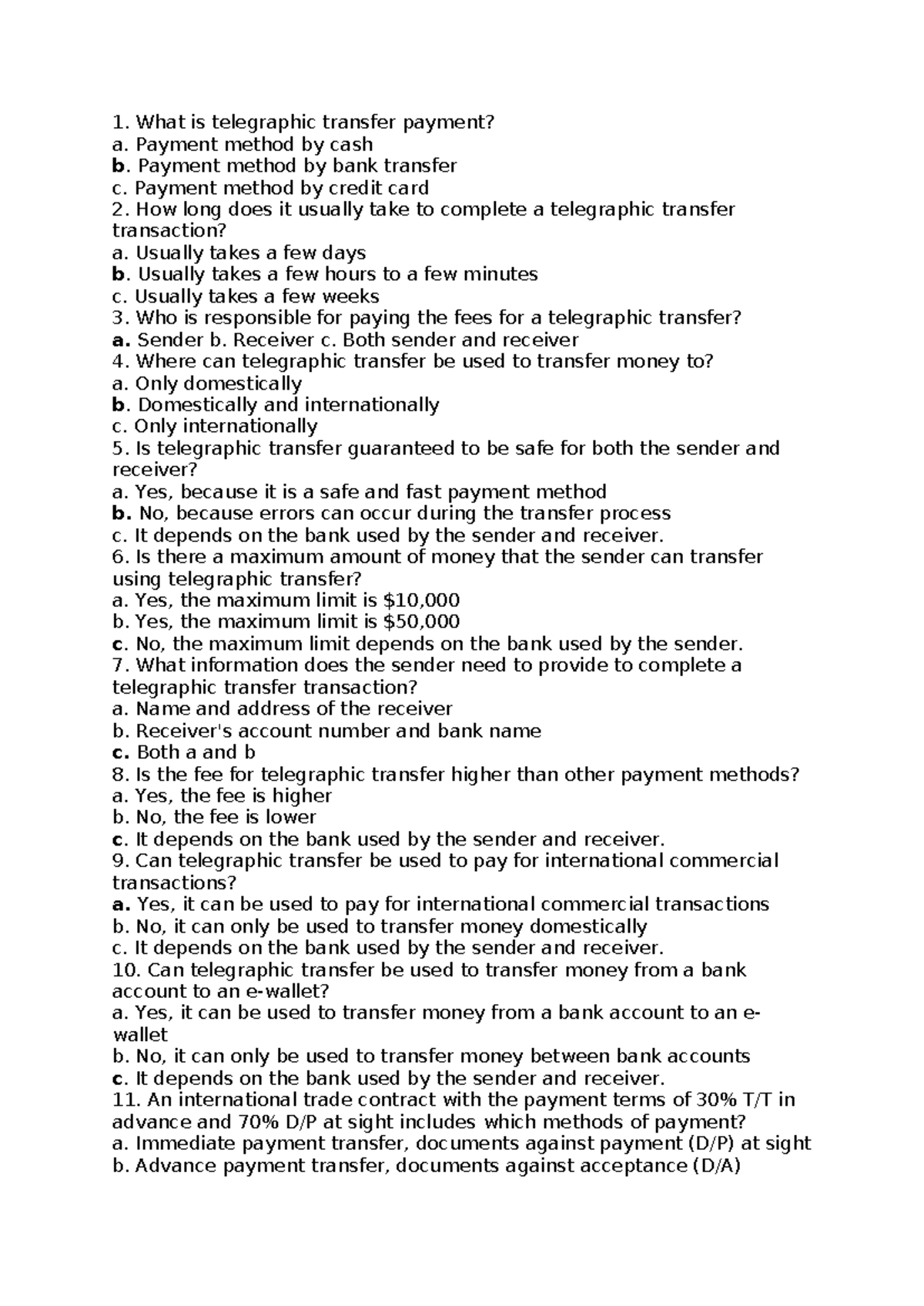 Telegraphic Transfer Questions & Key - TT01 Exam Review - Studocu