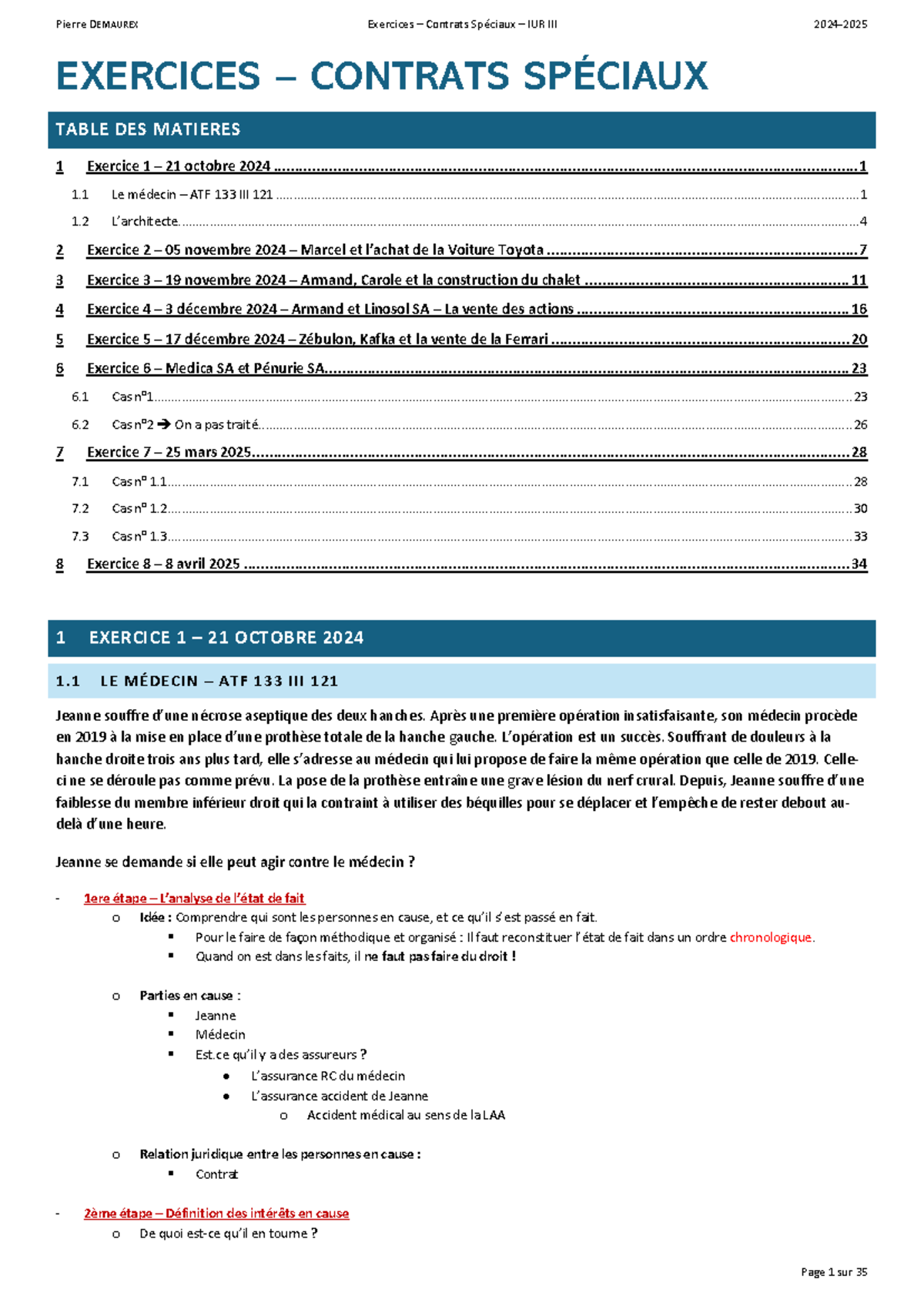 Exercices Contrats Spéciaux IUR - Pierre DEMAUREX 2024 - Studocu