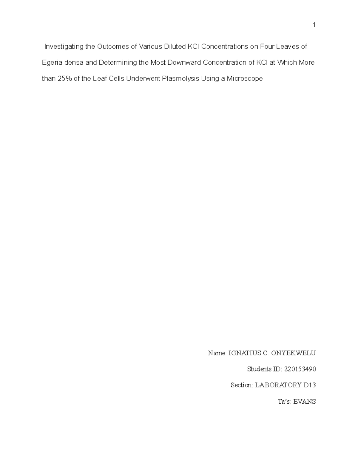 EGRB 301 Lab Report: Plasmolysis Outcomes with KCl Concentrations - Studocu