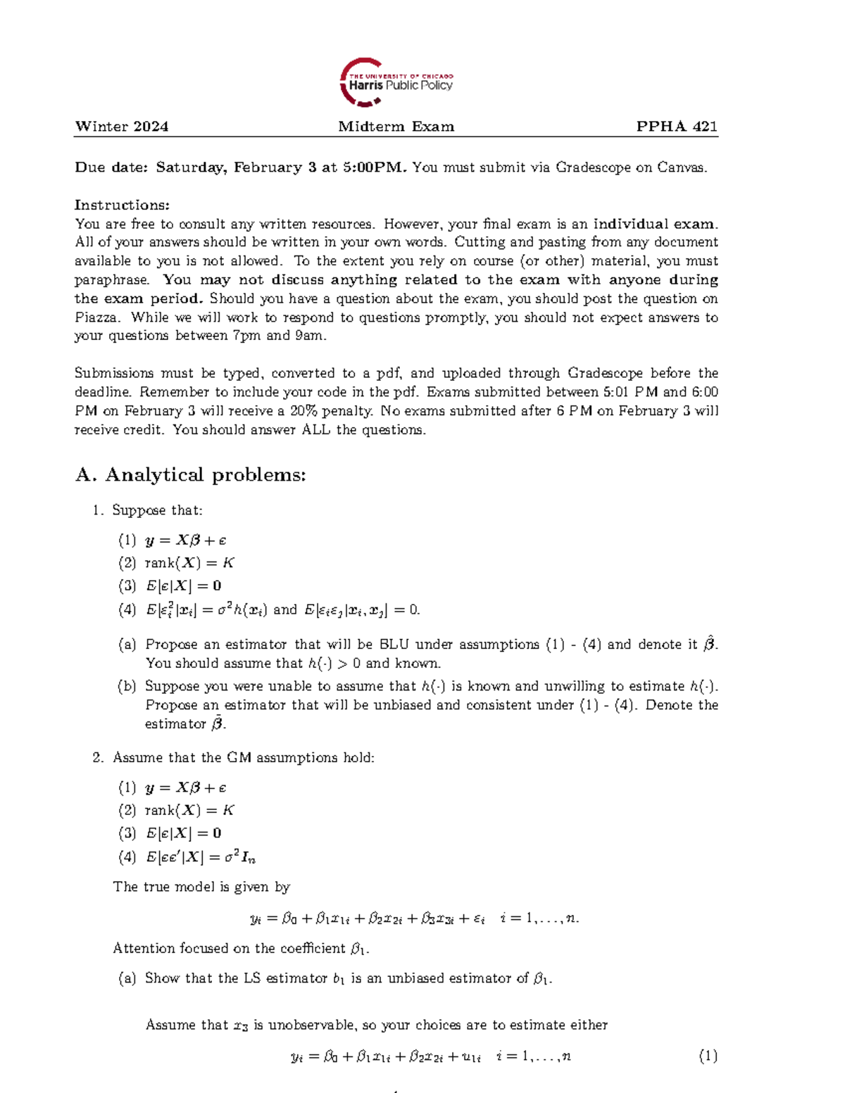 PPHA 421 Winter 2024 Midterm Exam Instructions and Analytical Problems ...