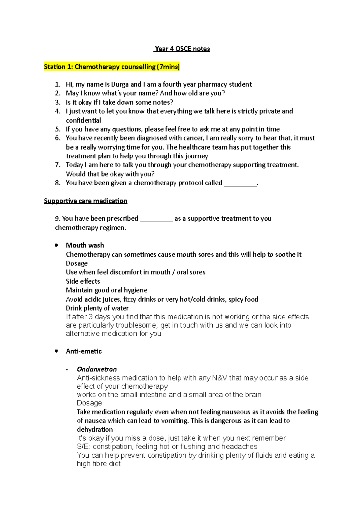 Year 4 Pharmacy OSCE Notes: Chemotherapy Counselling & Patient ...