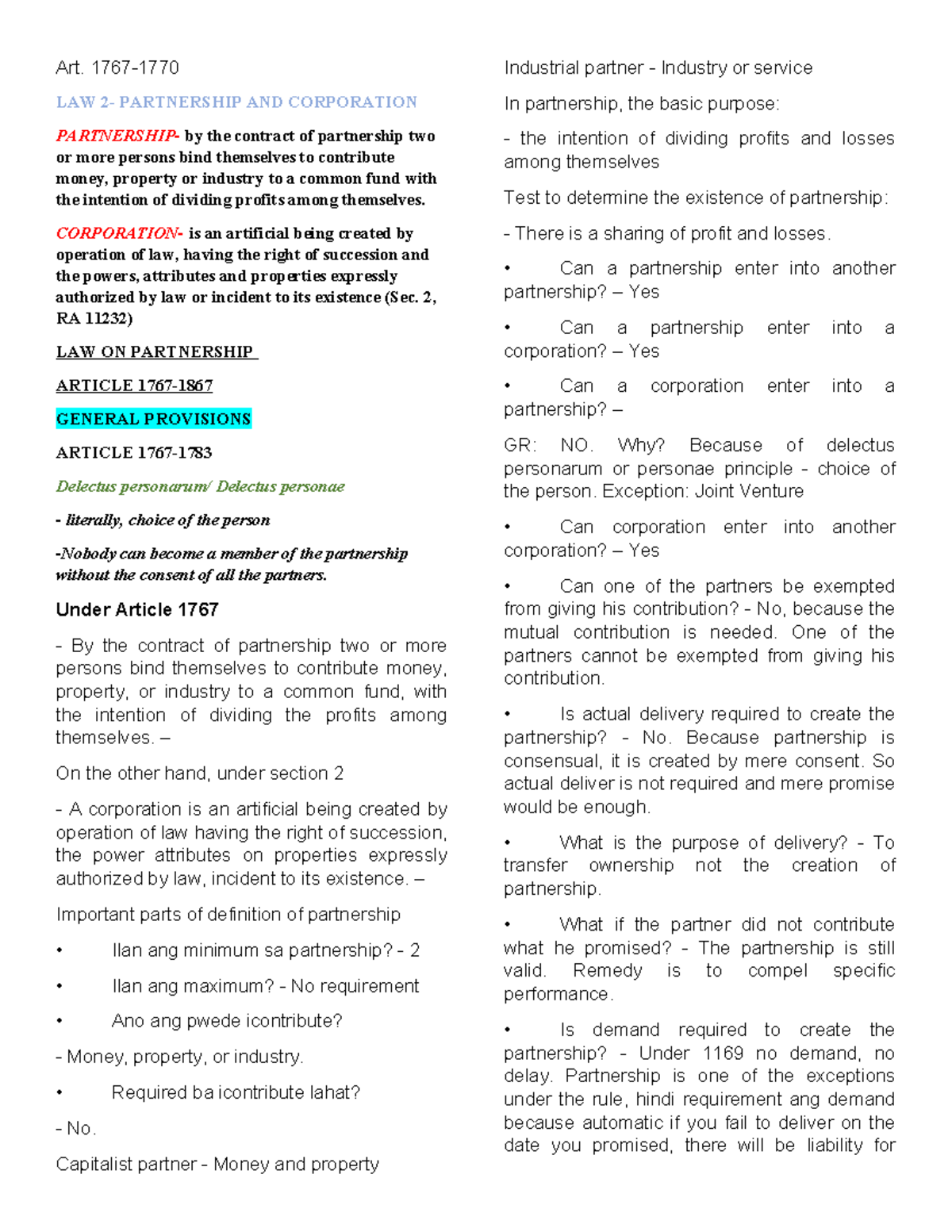 LAW 101: Partnership and Corporation Overview (Articles 1767-1797) - Document Preview
