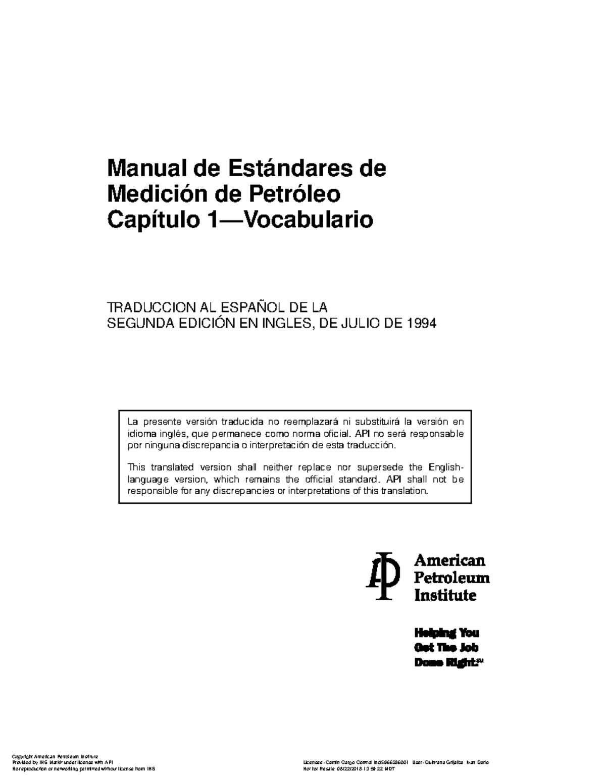 Manual de Estándares de Medición de Petróleo - API MPMS 1 (Español ...