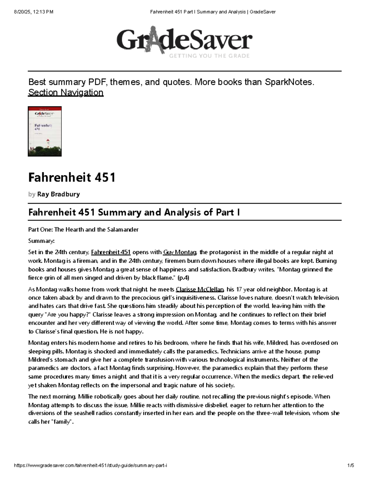 Fahrenheit 451 (Part I) Summary & Analysis - GradeSaver Insights - Studocu