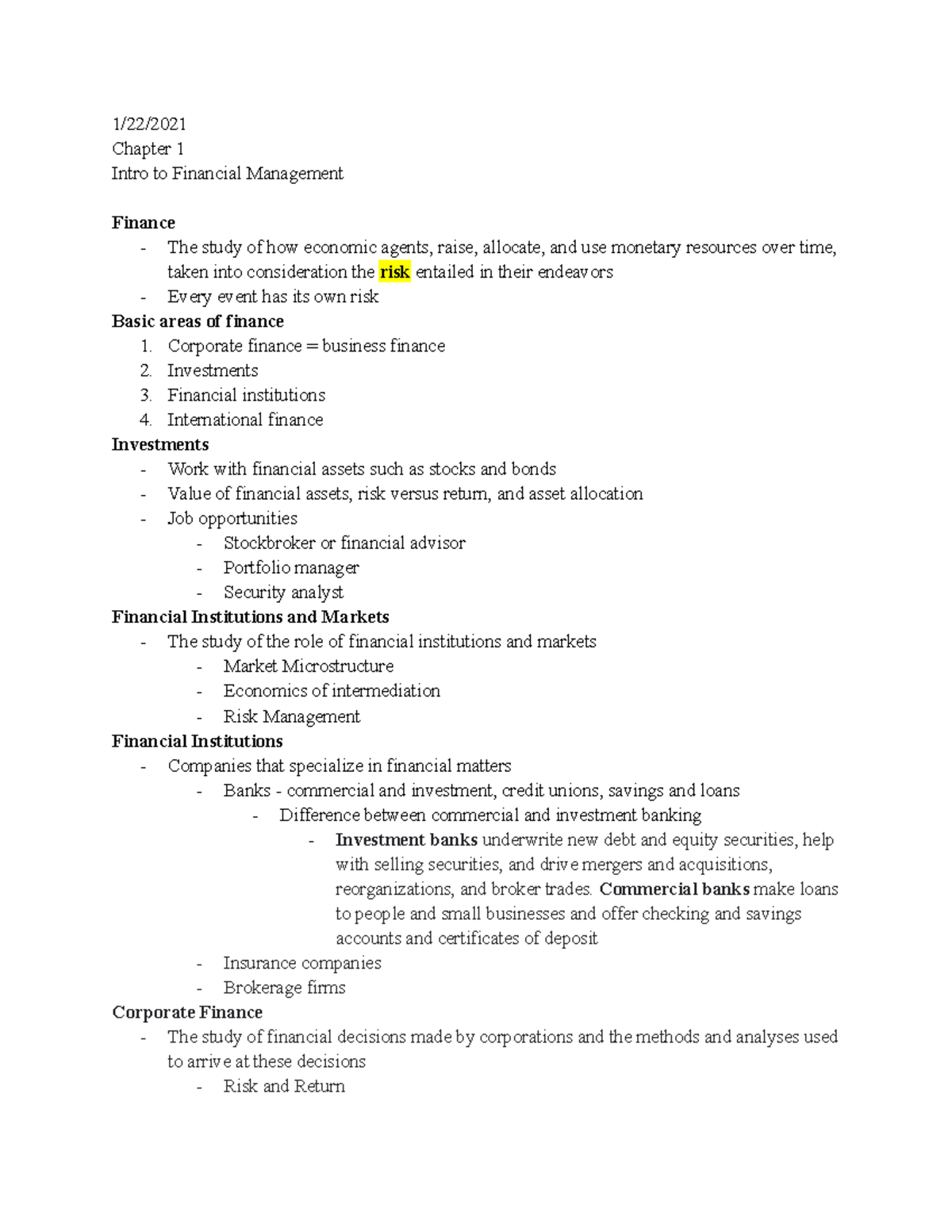FIN Chapter 1&2 Notes - Intro to Financial Management, Finance ...