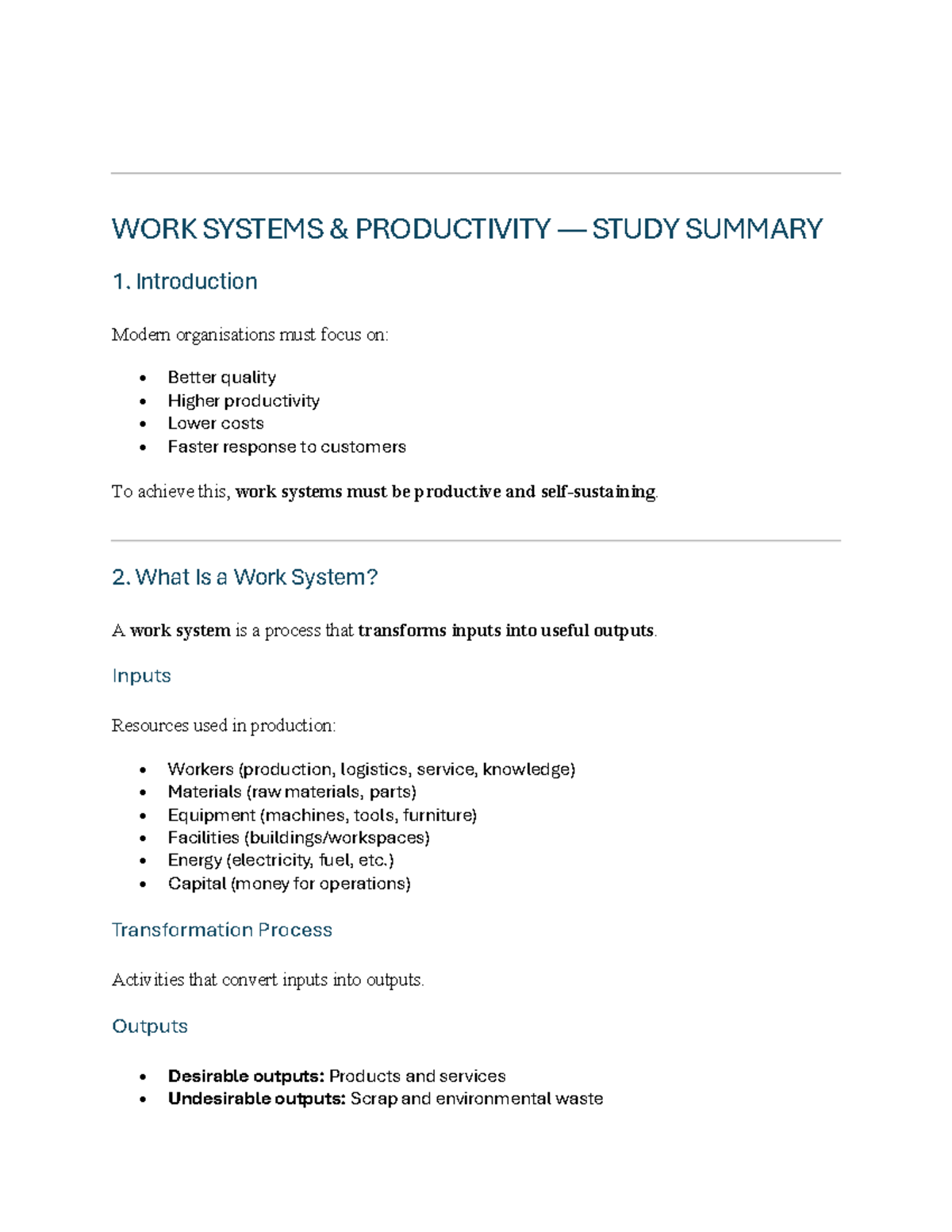 WORK SYSTEMS AND PRODUCTIVITY STUDY SUMMARY (WSP 101) - Studocu
