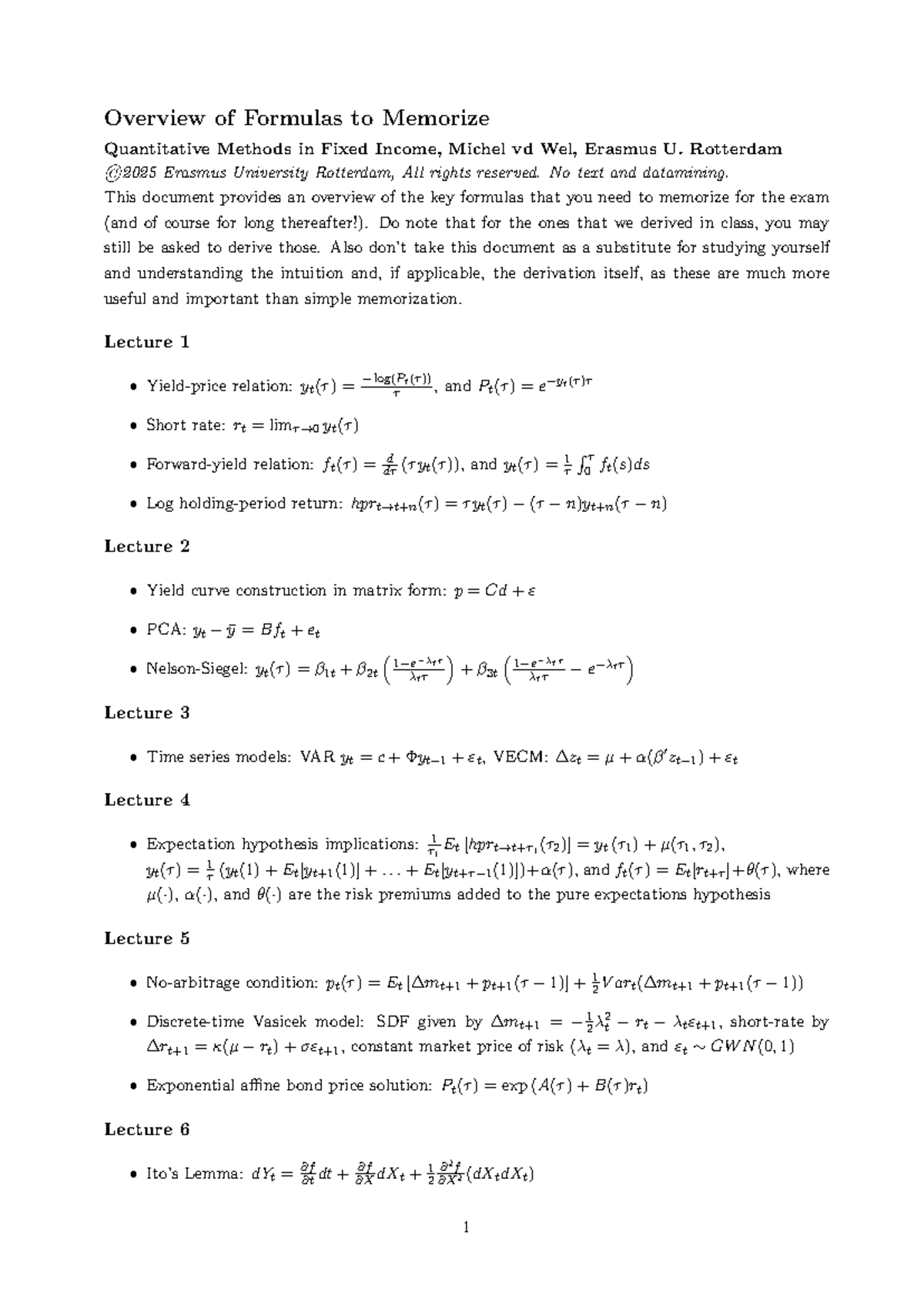 QMiFI Key Formulas for Quantitative Methods in Fixed Income - Studeersnel