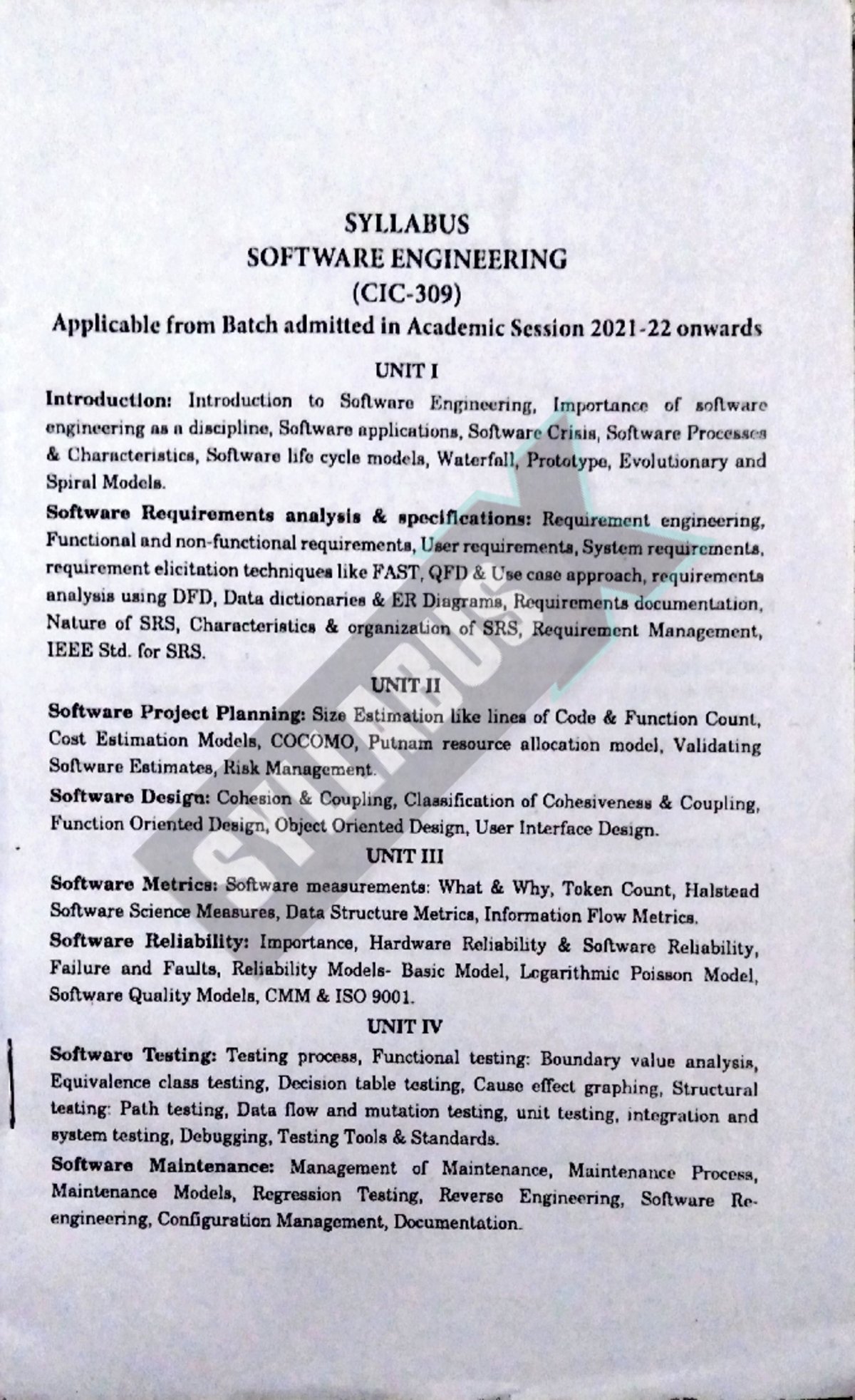 Syllabus for Software Engineering (SE) - Academic Session Overview ...
