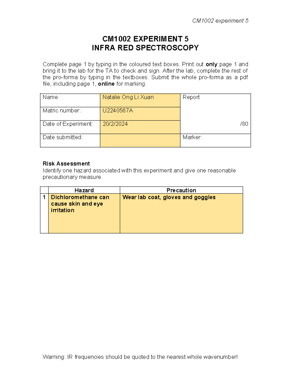CM1002 Experiment 5: Infrared Spectroscopy Report Guidelines - Studocu