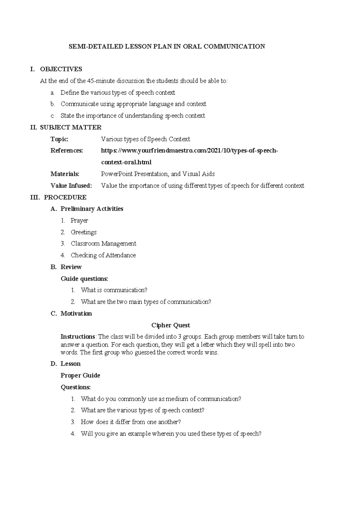 LESSON PLAN: TYPES OF SPEECH CONTEXT IN ORAL COMM I - Studocu