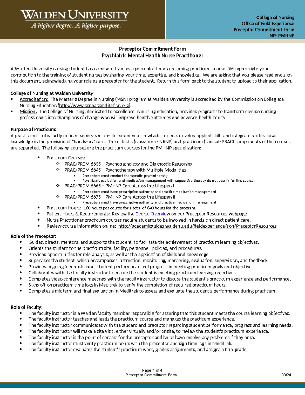 PMHNP Preceptor Commitment Form for Walden University Nursing Students ...