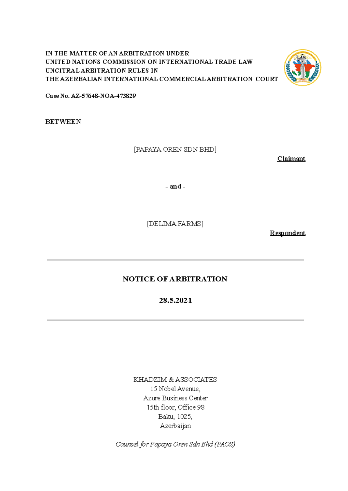 Notice OF Arbitration Alternative Dispute - IN THE MATTER OF AN ...