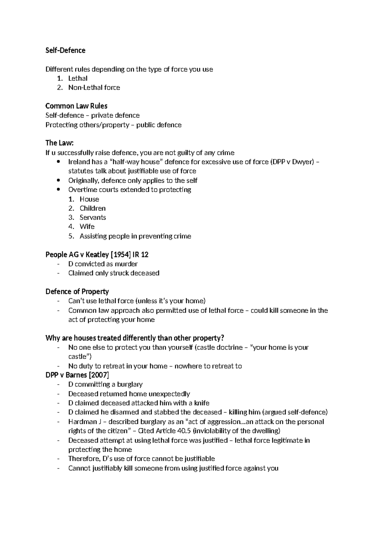 Self Defence - Detailed Lecture Notes on Legal Principles - Studocu