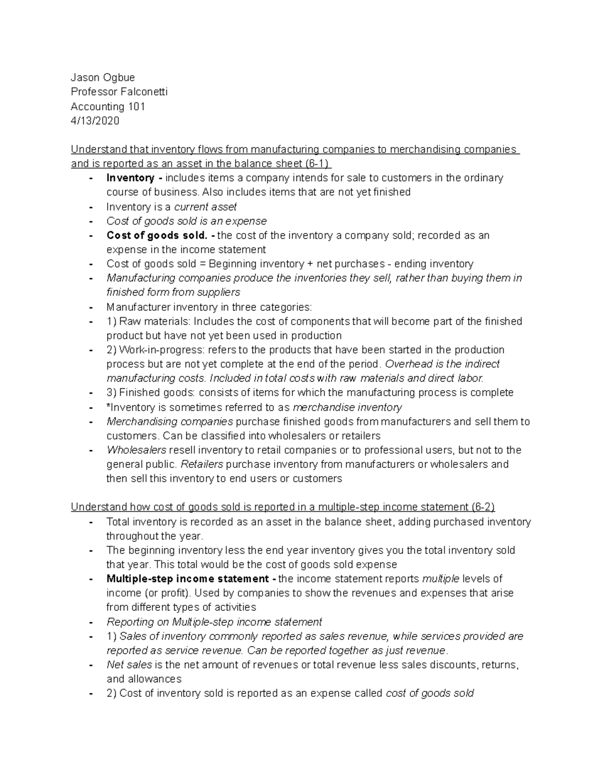 Acc 101 Chapter 6 Understanding Inventory And Cost Management Studocu
