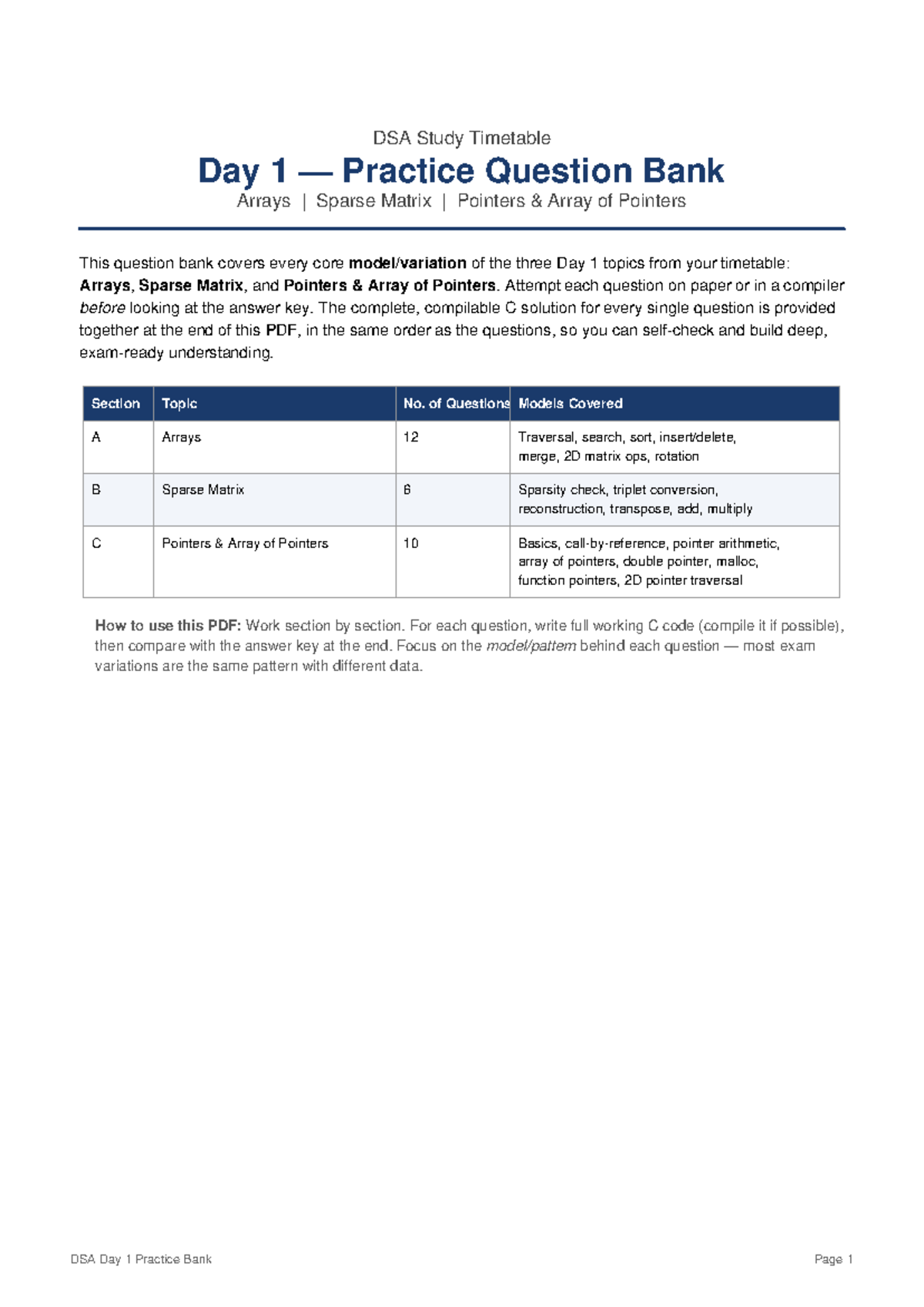 DSA Day 1 Practice Questions & Answers: Arrays, Sparse Matrices ...