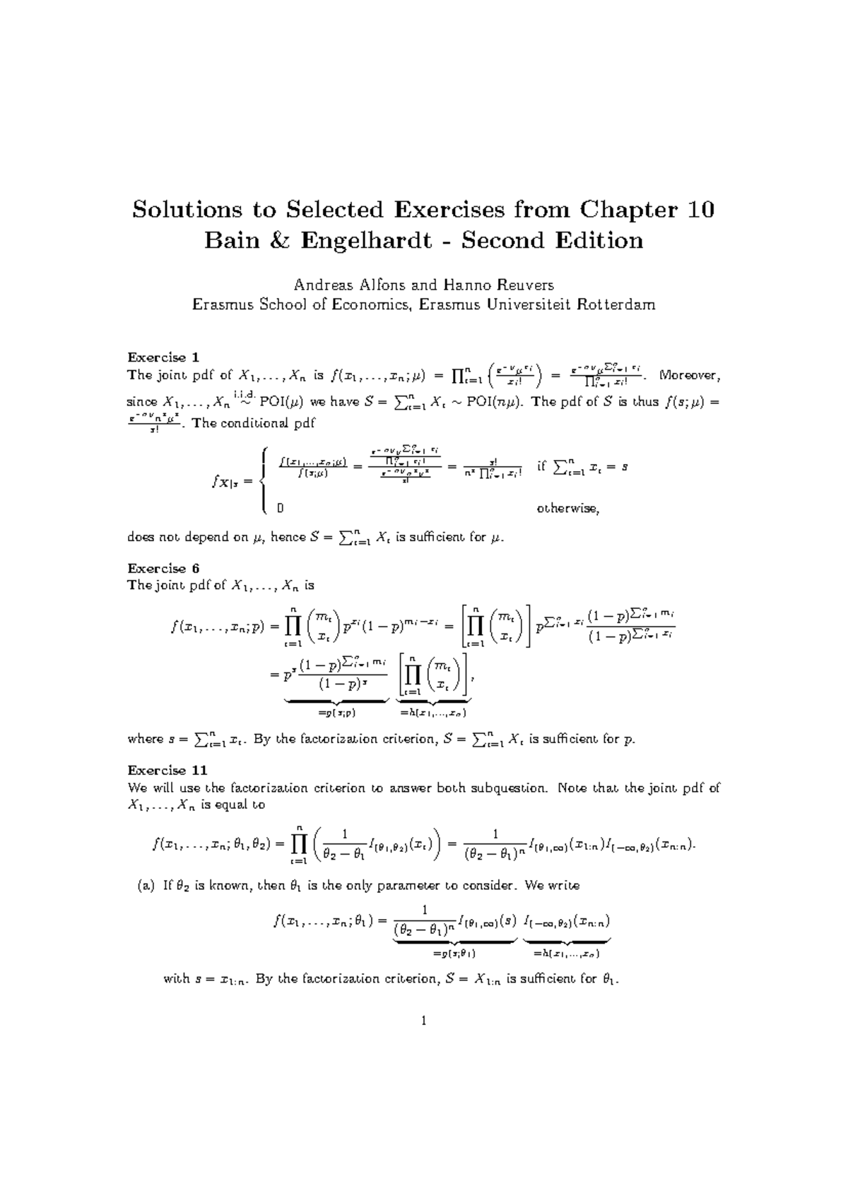 Solutions to Selected Exercises from Chapter 10 (B&E 1992) - Studocu