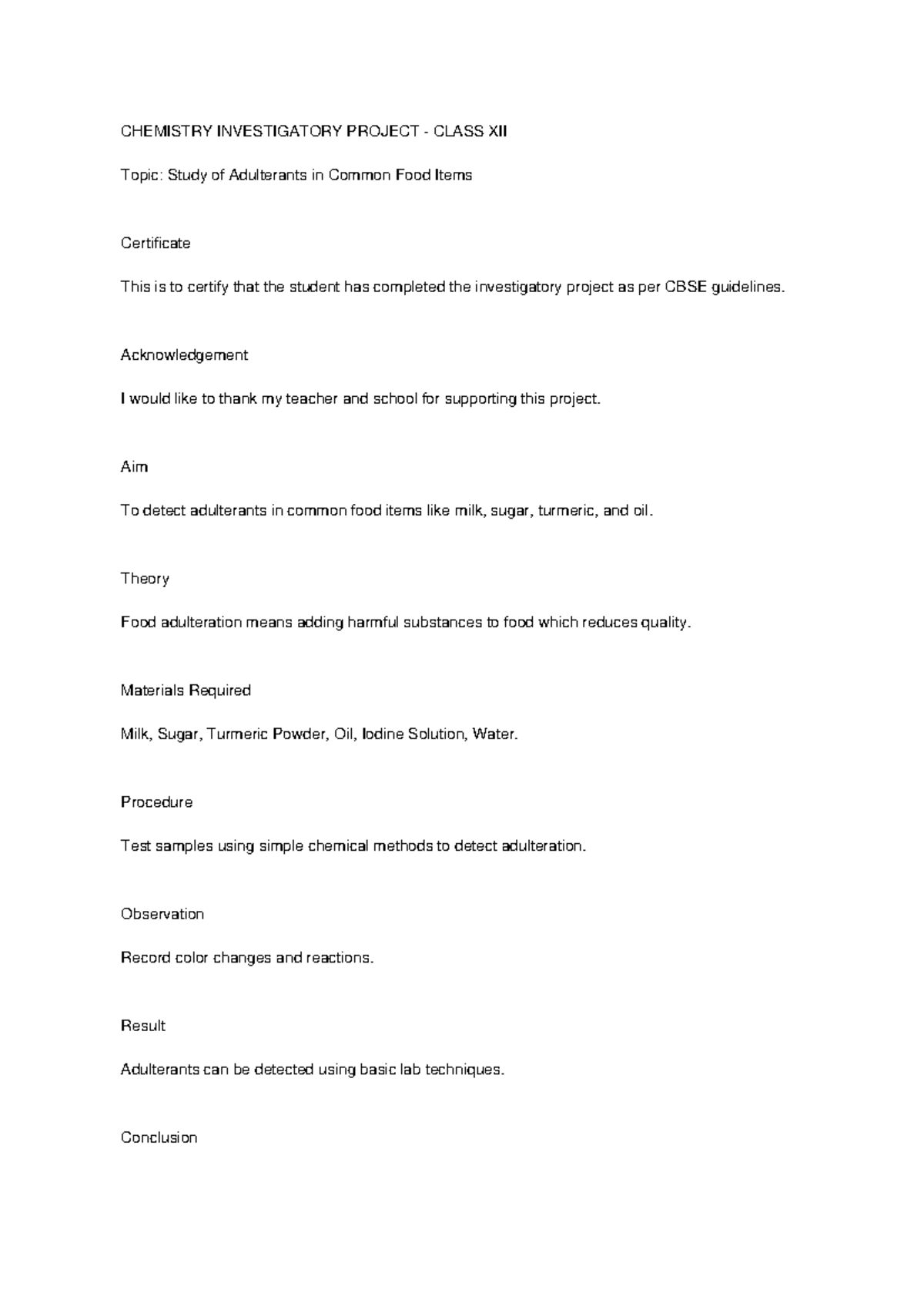 CHEMISTRY INVESTIGATORY PROJECT CLASS XII: Adulterants in Food Items ...