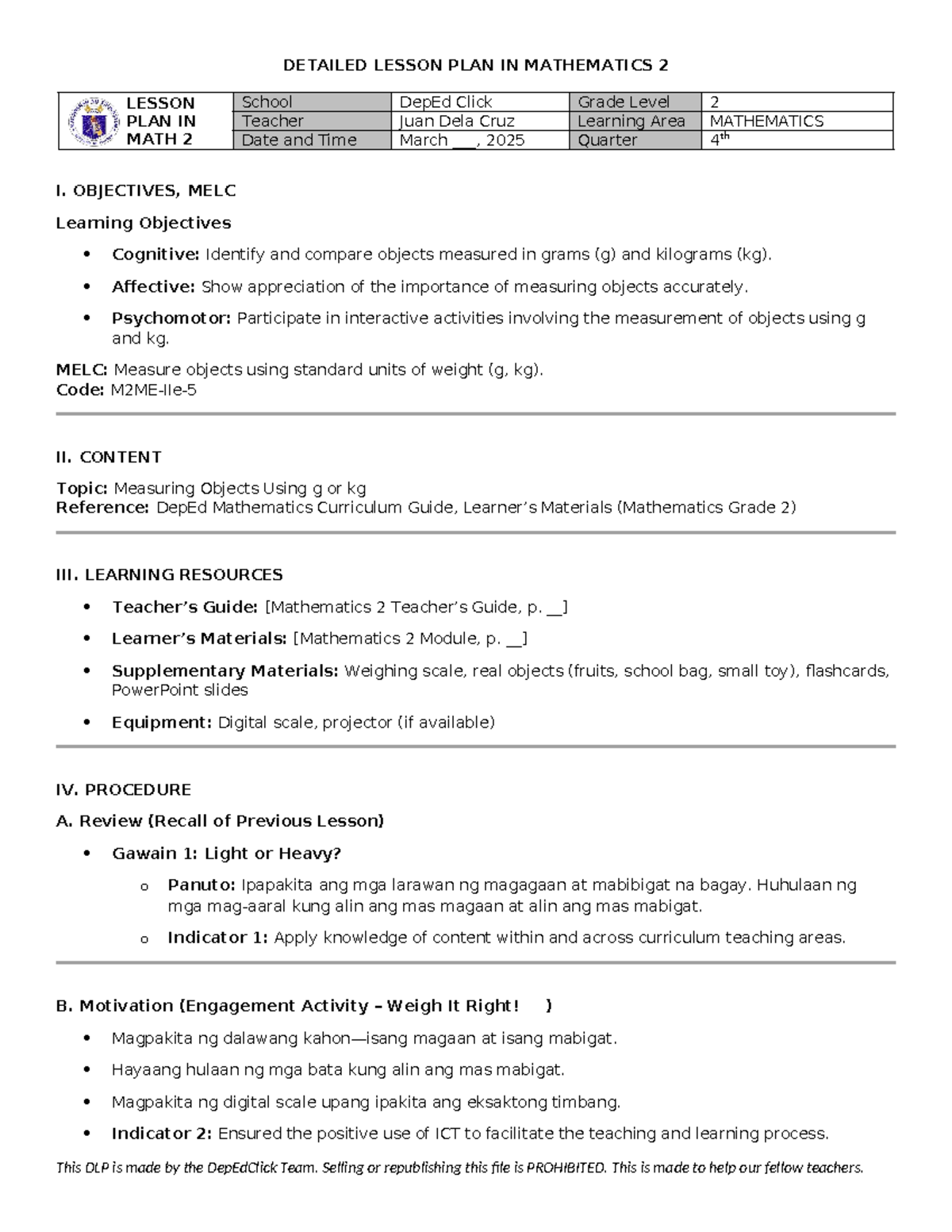 CO Q4 DLP Mathematics 2 Dep Ed Click - DETAILED LESSON PLAN IN ...