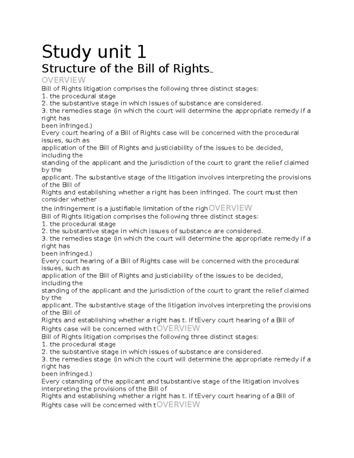 Study Unit 1: Stages of Bill of Rights Litigation Overview - Studocu