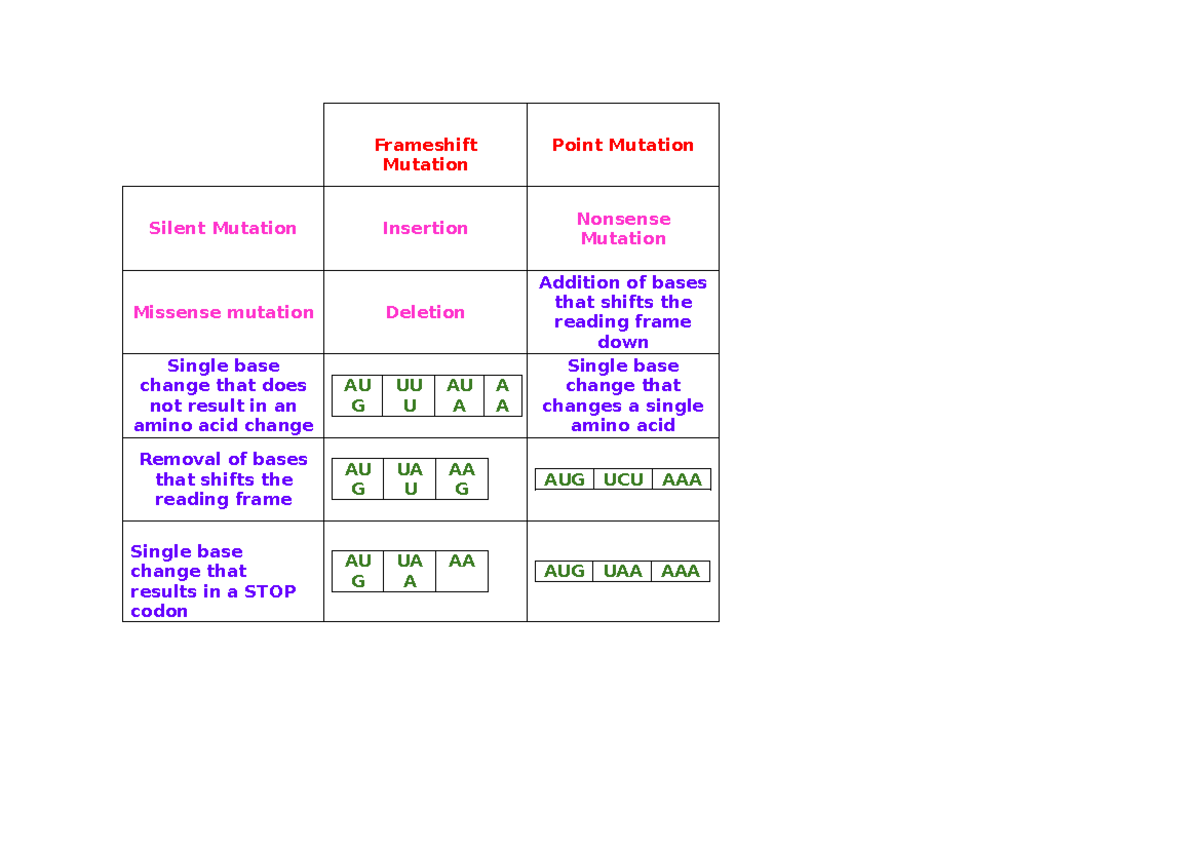 Mutation Types: Frameshift, Silent, Nonsense, Missense, and Point ...