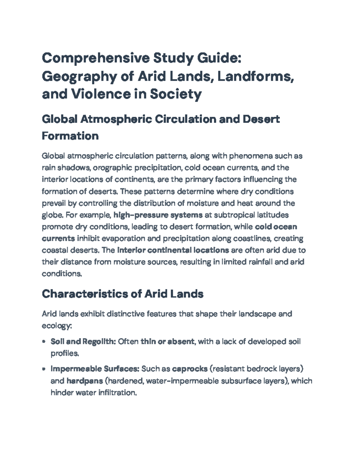 Comprehensive Study Guide: Geography of Arid Lands & Violence in ...