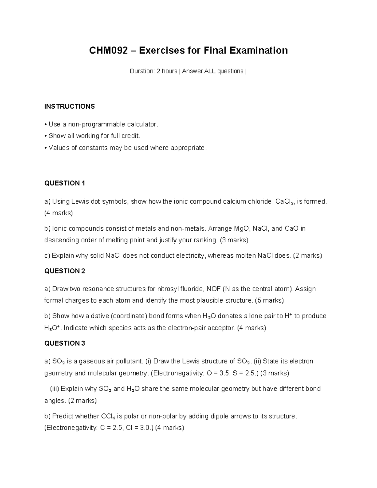 CHM092 Final Exam Exercises: Comprehensive Review and Solutions - Studocu