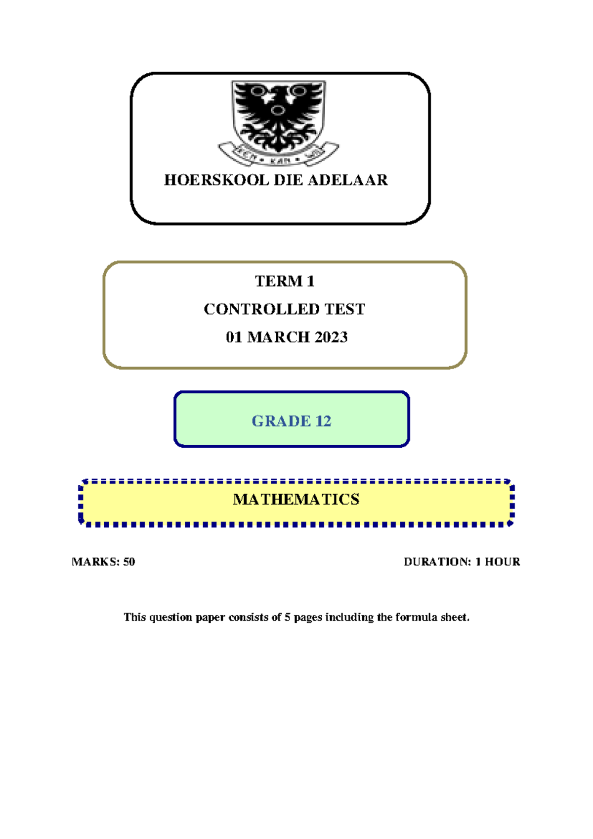 JW MATH Grade 12 Term 1 Controlled Test March 2023 - Studocu