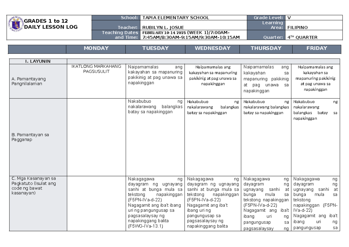DLL Grade 5 Q4 W1 - Lesson Plan - GRADES 1 to 12 DAILY LESSON LOG ...