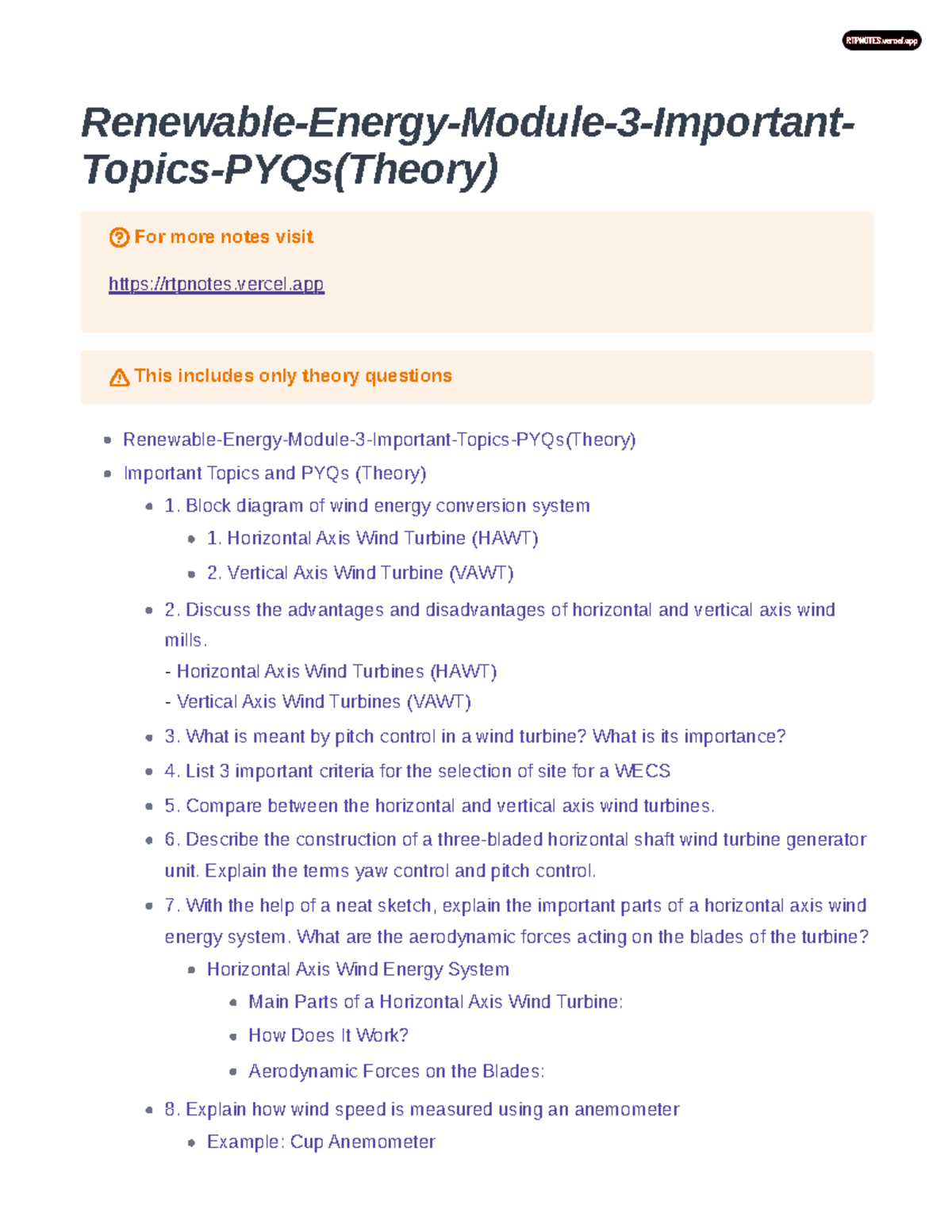 Renewable Energy Systems Module 3 Important Topics PYQs Theory - - Studocu