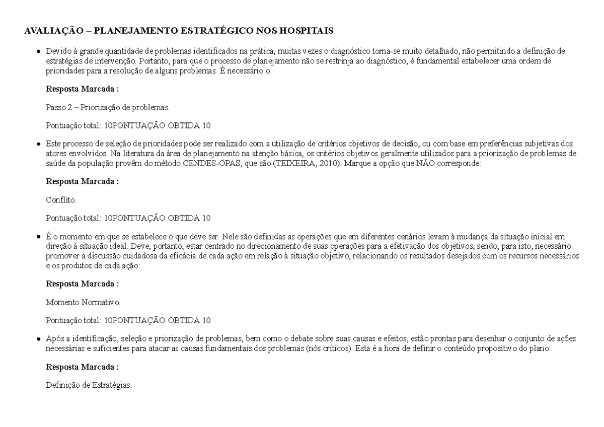 06 - Avaliação do Planejamento Estratégico em Hospitais - 100 Pontos ...