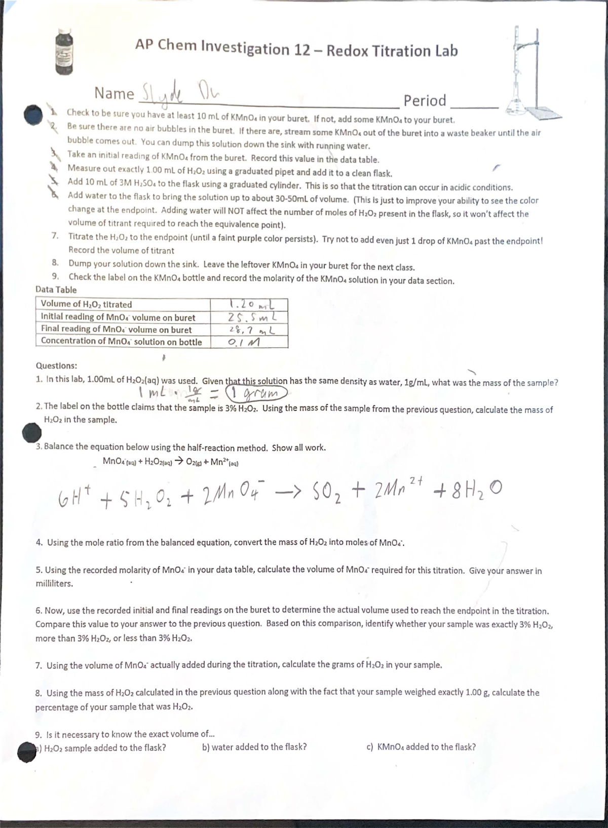AP Chem Lab: Redox Titration of H2O2 with KMnO4 - Studocu