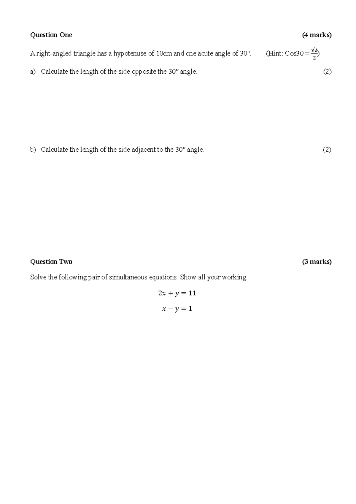 2024 - 2024 Year 11 Maths Test: Trigonometry & Simultaneous Equations ...